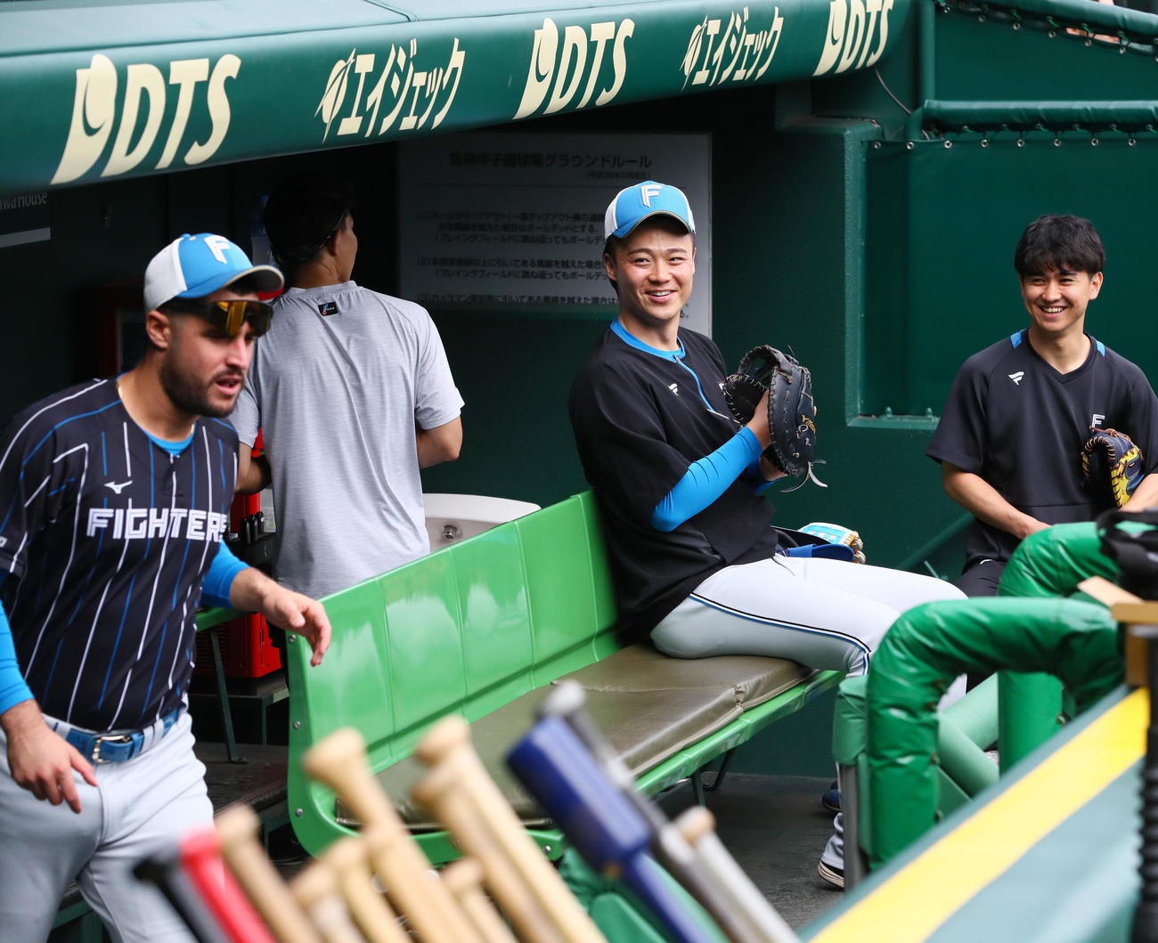 阪神対日本ハム　試合前、ベンチでリラックスした表情を見せる日本ハム山崎（右から2人目）（撮影・上山淳一）