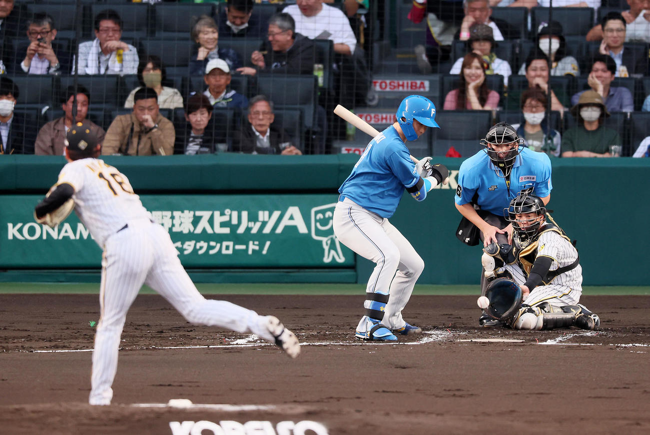 阪神対日本ハム　2回表日本ハム1死一塁、山崎は四球を選ぶ。投手は西勇（撮影・加藤哉）