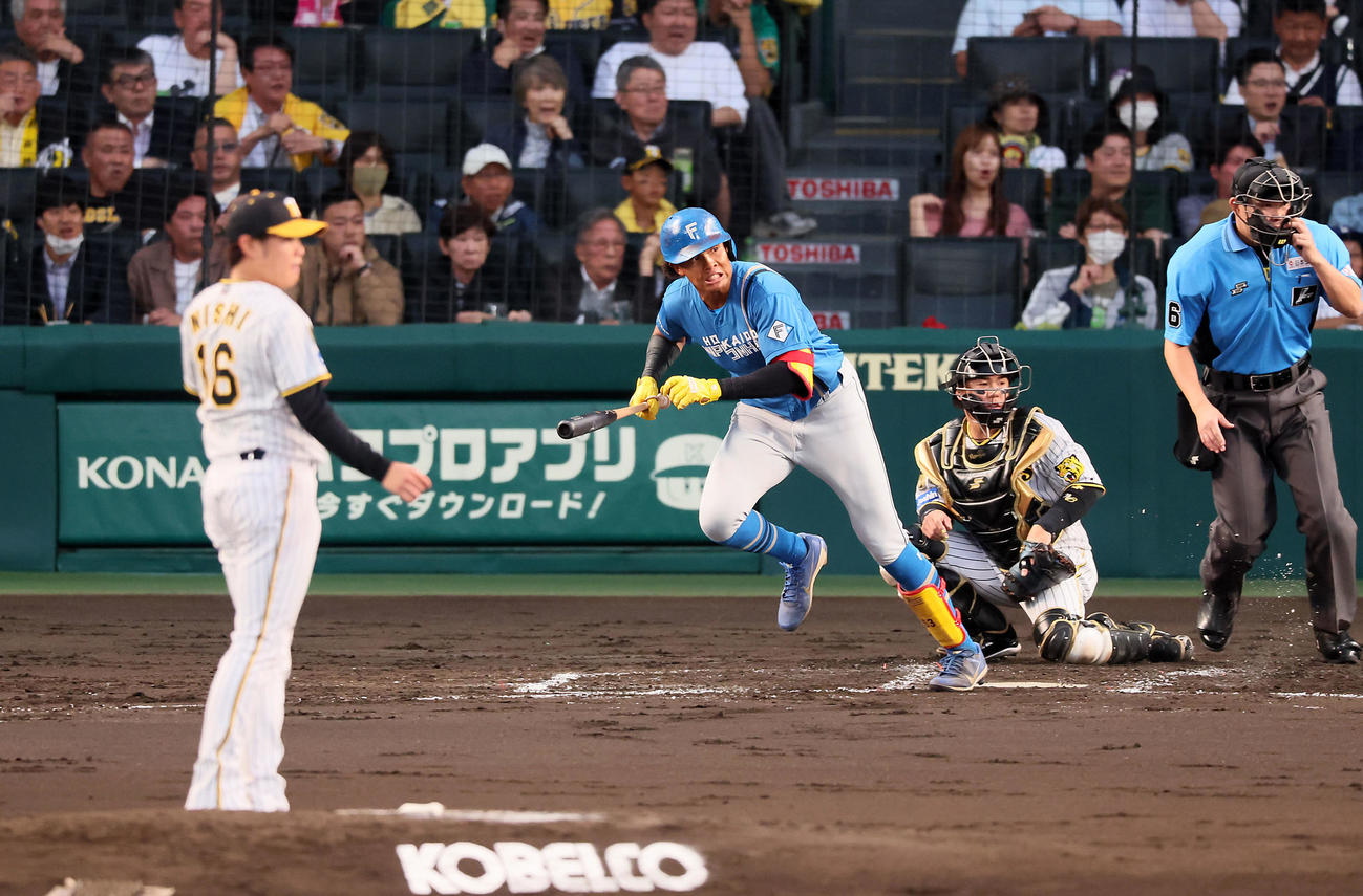 阪神対日本ハム　3回表日本ハム2死一塁、水谷は左二塁打を放つ。投手は西勇（撮影・加藤哉）