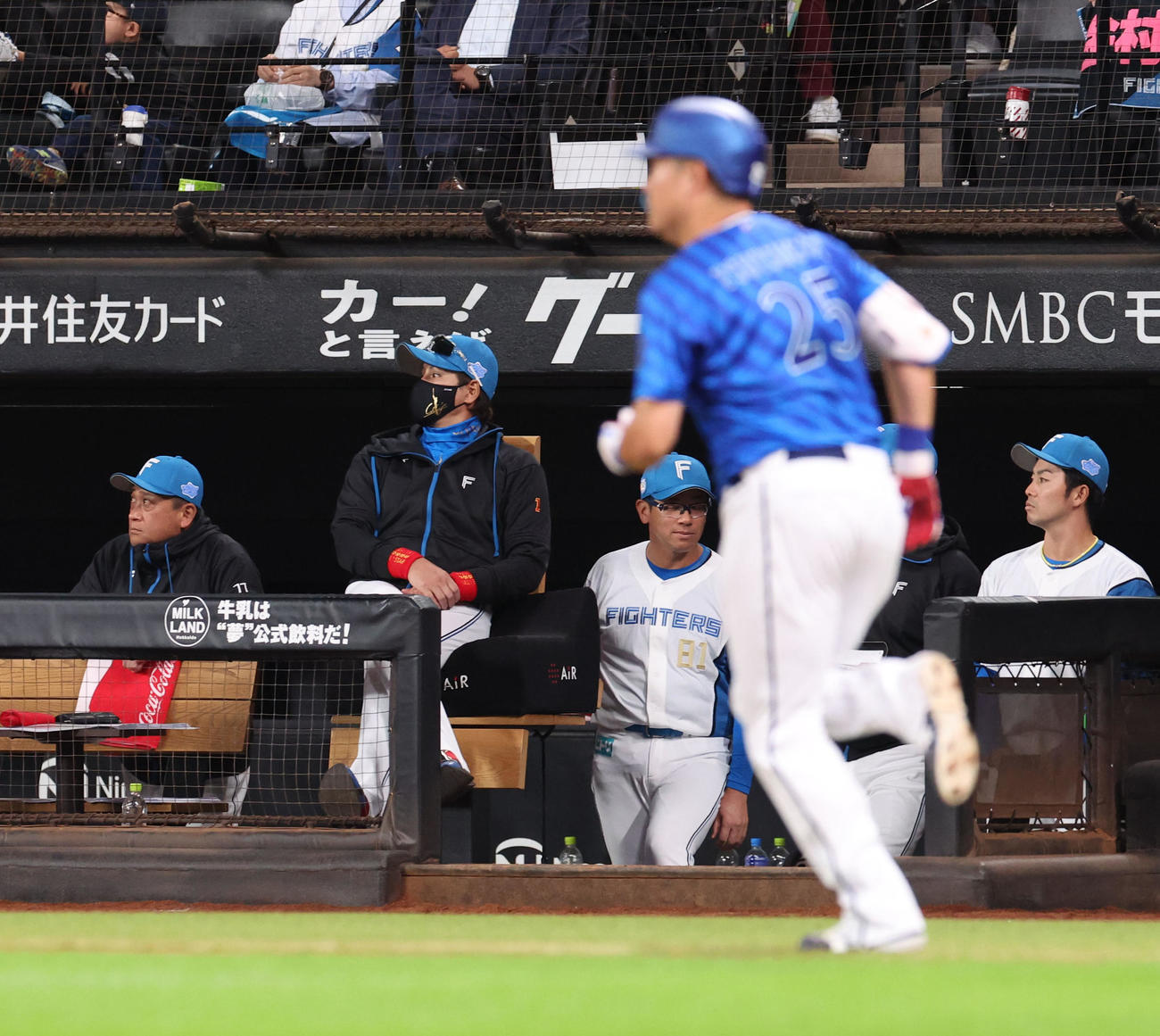 日本ハム対DeNA 4回表DeNA無死、筒香が放った右越え本塁打の打球を見つめる新庄監督（中央）（撮影・佐藤翔太）