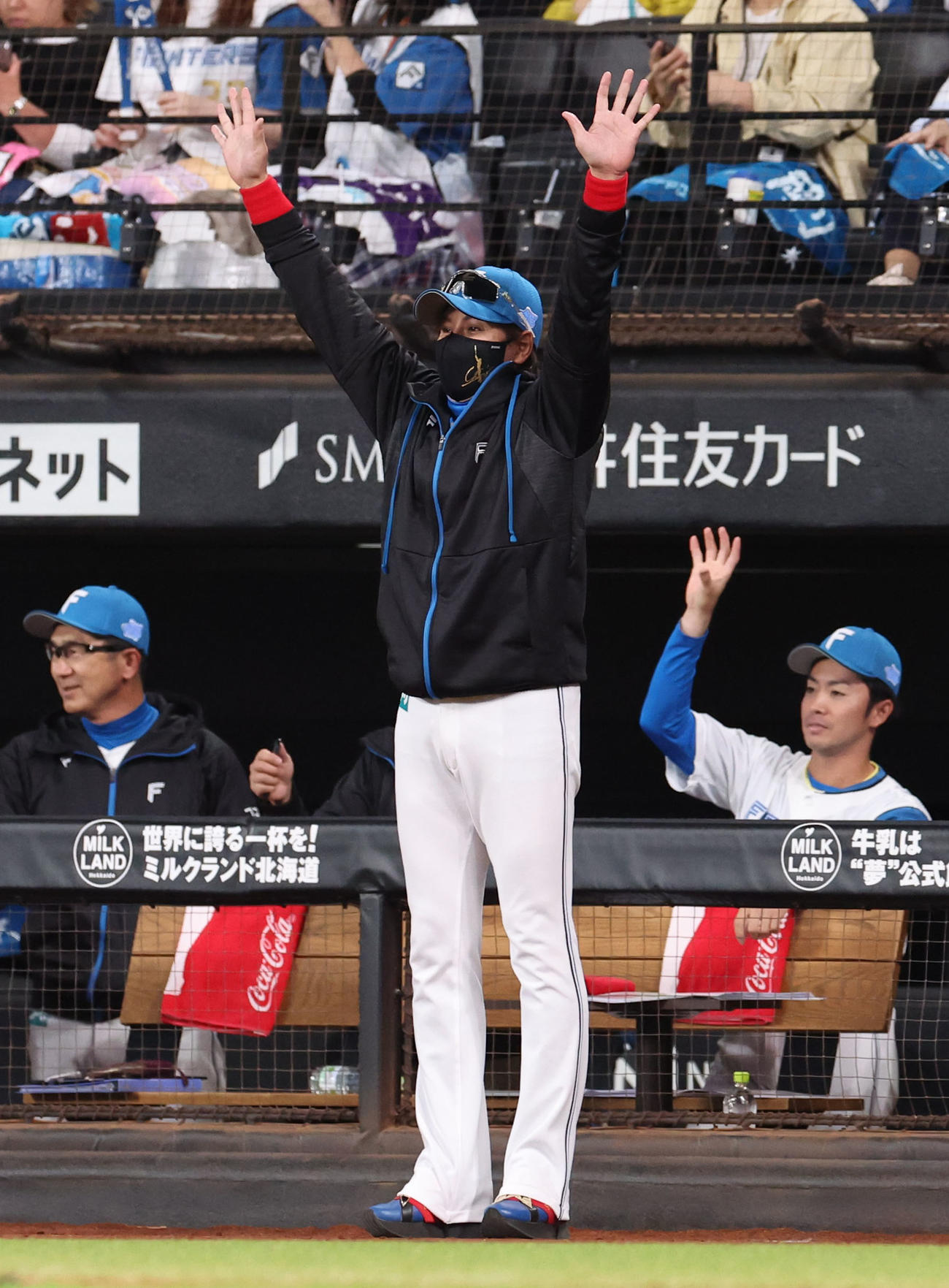 日本ハム対DeNA 2回裏日本ハム2死一塁、宮崎の右前打に喜び新庄監督（撮影・佐藤翔太）