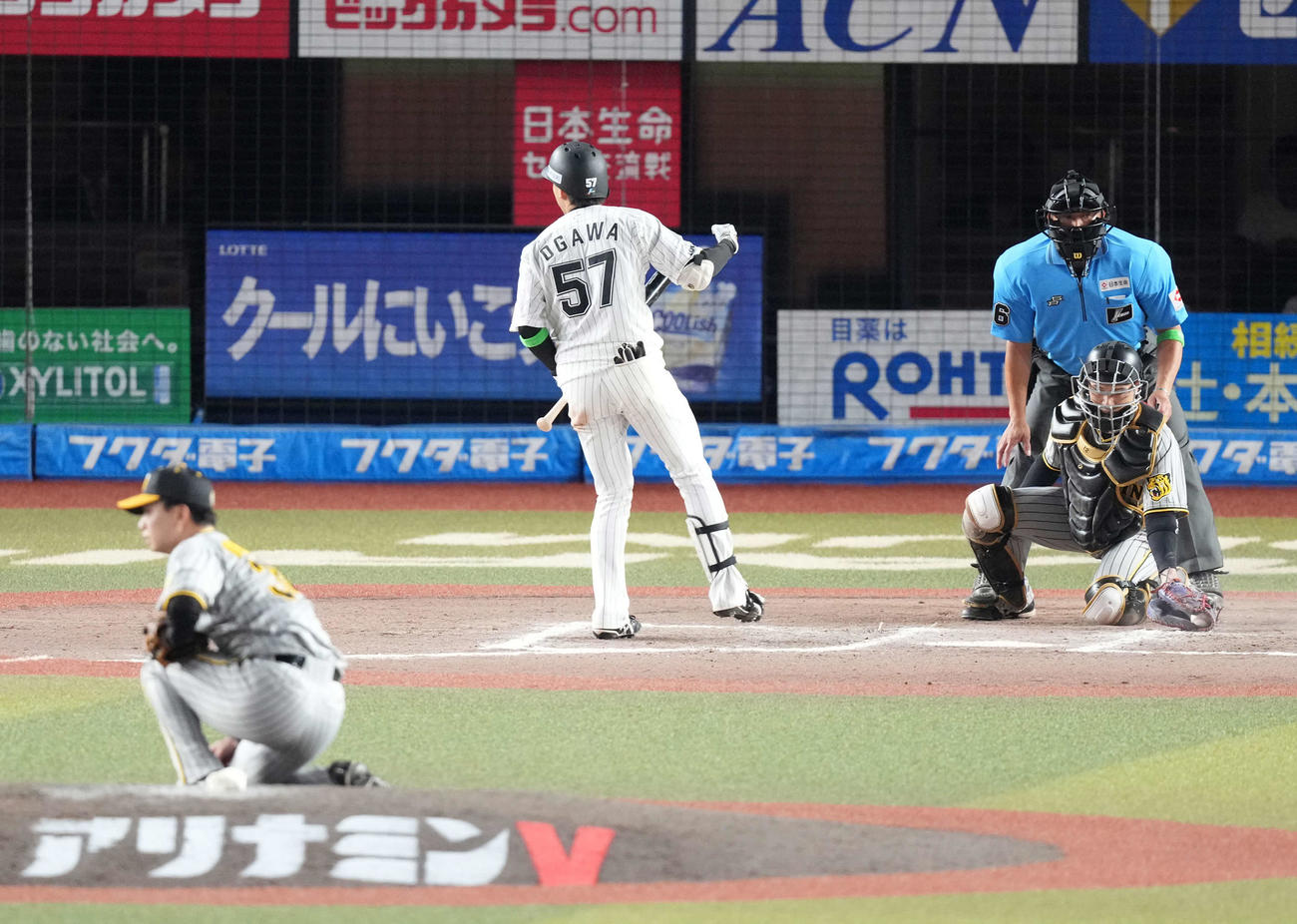 ロッテ対阪神　延長10回裏ロッテ2死満塁、小川（中央）はサヨナラの押し出し四球を選びベンチに向かってガッツポーズ（撮影・小沢裕）