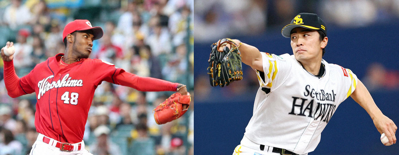 ソフトバンク和田毅（右）と広島アドゥワ誠