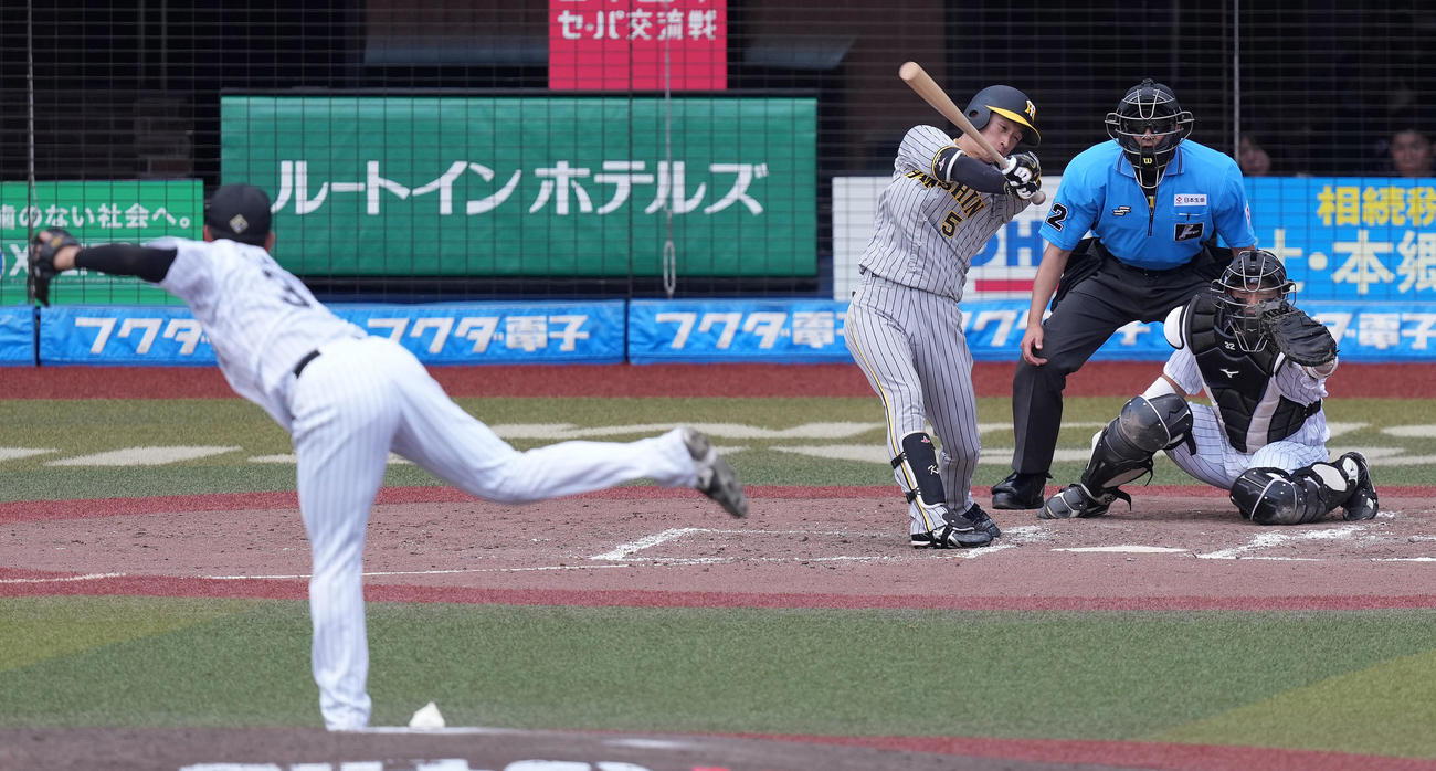 ロッテ対阪神　4回表阪神1死、空振り三振に倒れる近本。投手田中晴（撮影・鈴木みどり）