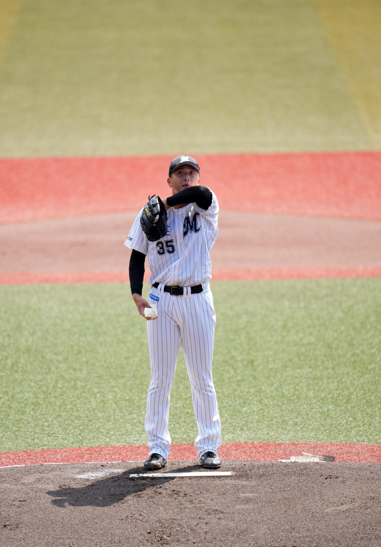 ロッテ対阪神　1回表開始前、空を見上げるロッテ田中晴（撮影・横山健太）