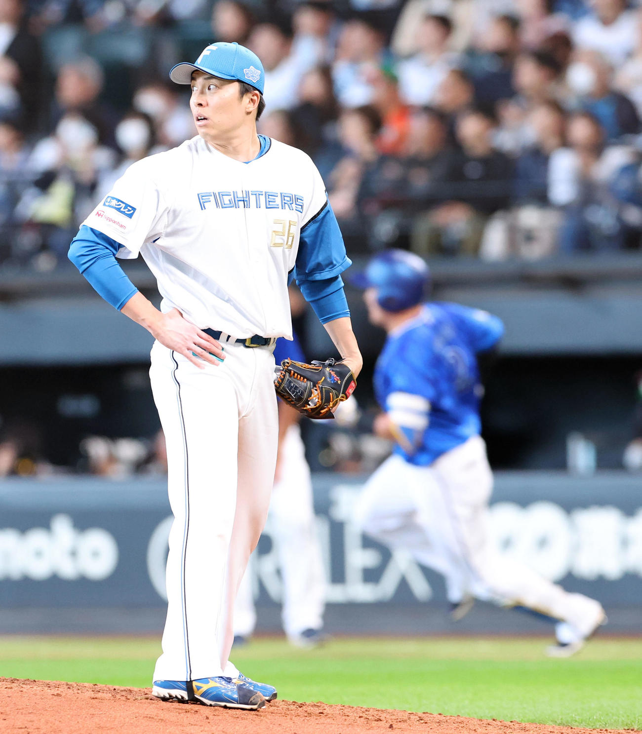日本ハム対DeNA 9回表DeNA1死、牧に中越えソロ本塁打を許した田中正（撮影・佐藤翔太）
