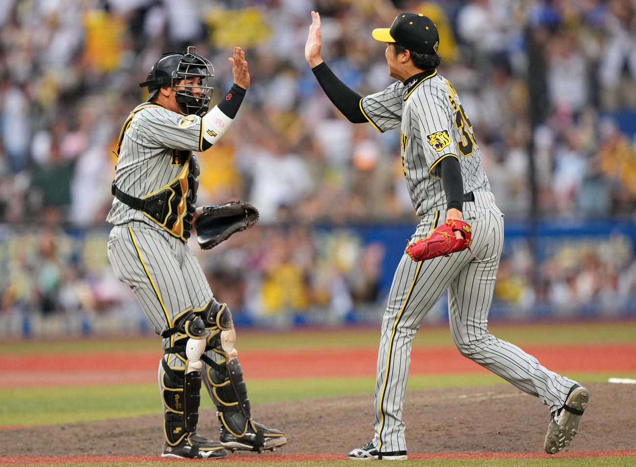 ロッテ対阪神　ロッテに完封勝利しタッチを交わす阪神才木と梅野（左）（撮影・横山健太）