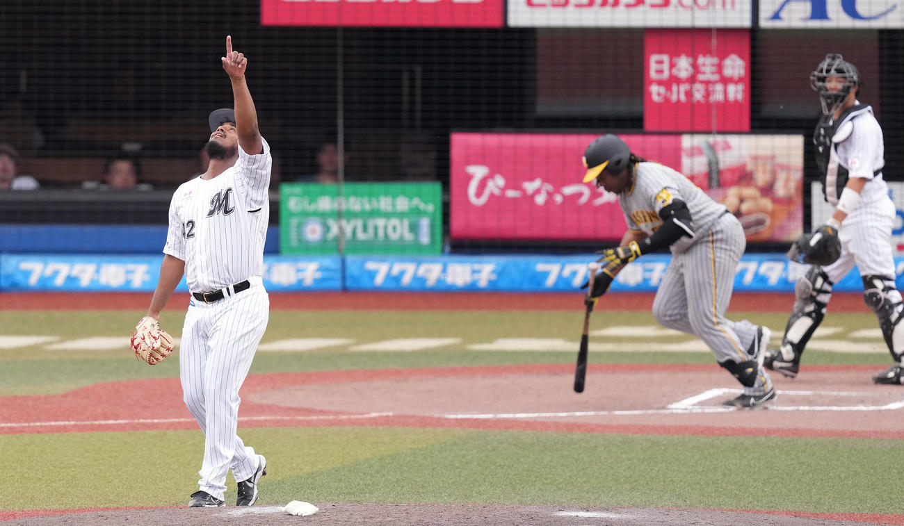 ロッテ対阪神　7回表阪神2死、ミエセスの打球を指さすメルセデス（撮影・鈴木みどり）