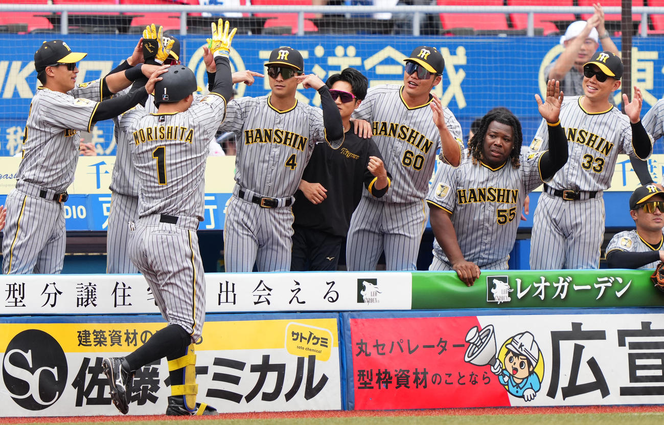 ロッテ対阪神　1回表阪神無死、左越え本塁打を放った森下をタッチで迎える阪神ナイン（撮影・横山健太）