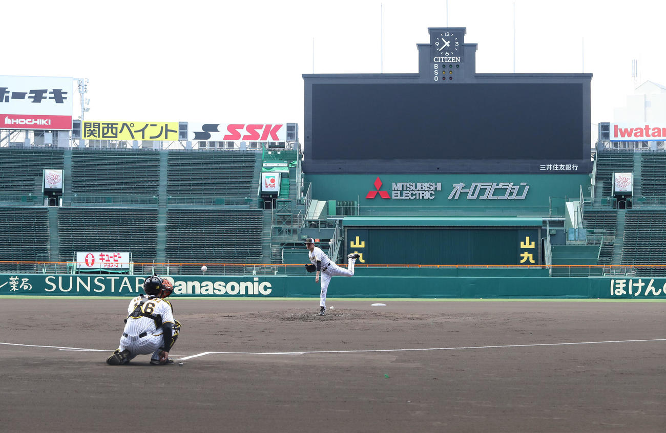 マウンドから投球練習する大竹（撮影・白石智彦）