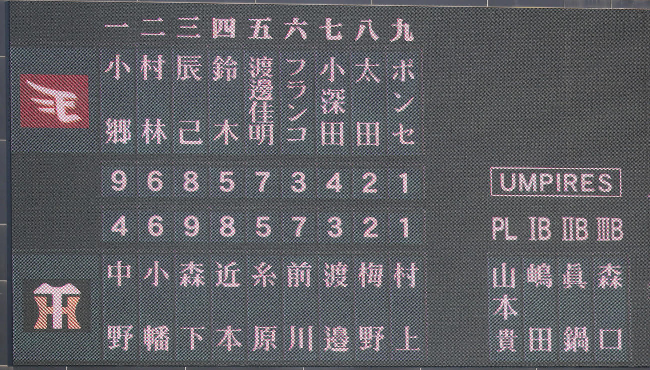 阪神対楽天　大山を外した阪神のスタメン（撮影・宮崎幸一）