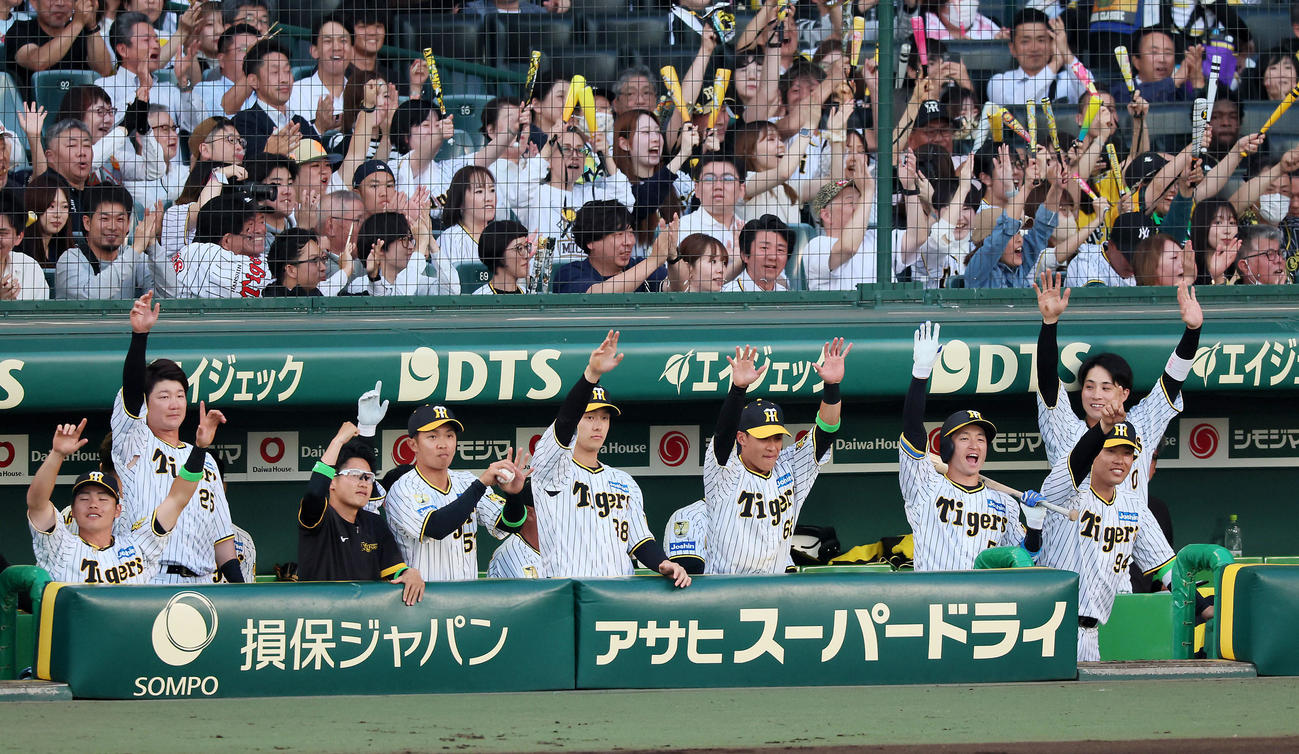 阪神対楽天　3回裏阪神2死一塁、前川の中適時二塁打に喜ぶベンチのナイン（撮影・加藤哉）