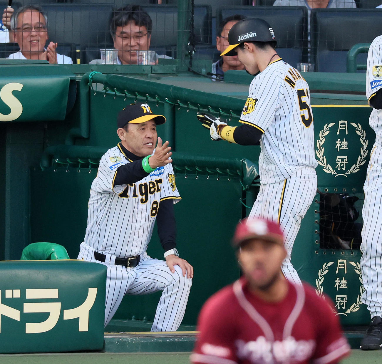 阪神対楽天　3回裏阪神2死一塁、前川の中適時二塁打で生還した一塁走者中野（右）を出迎える岡田監督（撮影・加藤哉）