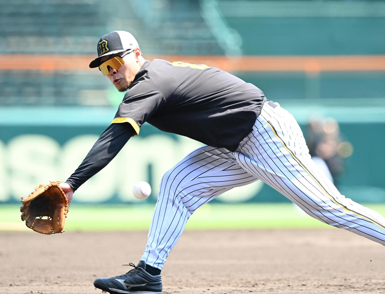 阪神対西武　試合前練習で軽快な動きをみせる阪神佐藤輝（撮影・和賀正仁）