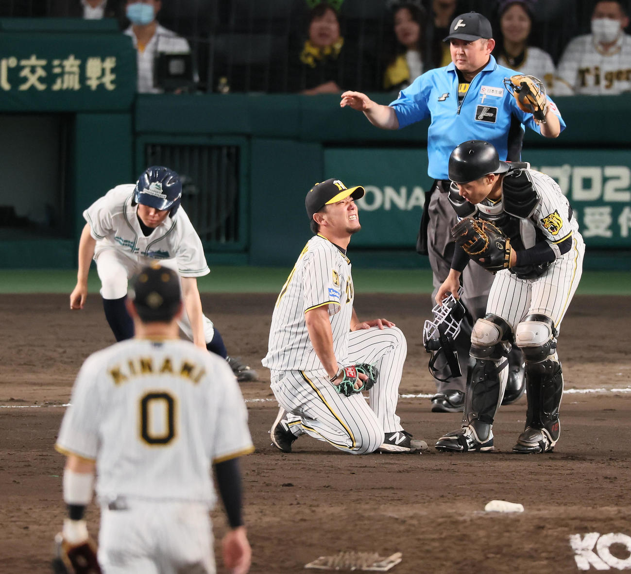 阪神対西武　7回表西武無死一塁、伊藤将は西川の打球を受け苦悶の表情（撮影・加藤哉）