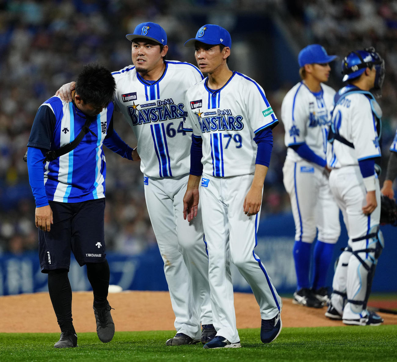 DeNA対ソフトバンク　8回表ソフトバンク1死一、三塁、三ゴロとなった嶺井の打球が当たり、治療に向かう中川虎（中央）（撮影・江口和貴）