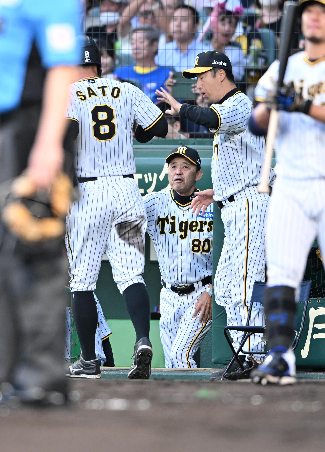 阪神対西武　2回裏阪神1死二、三塁、木浪聖也の一ゴロで生還した佐藤輝を迎える岡田監督（撮影・和賀正仁）
