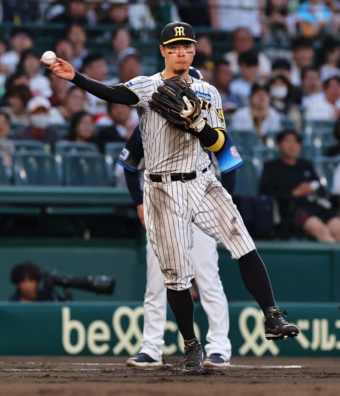 阪神対西武　4回表西武無死、佐藤輝明は滝沢の三ゴロをさばく（撮影・上田博志）