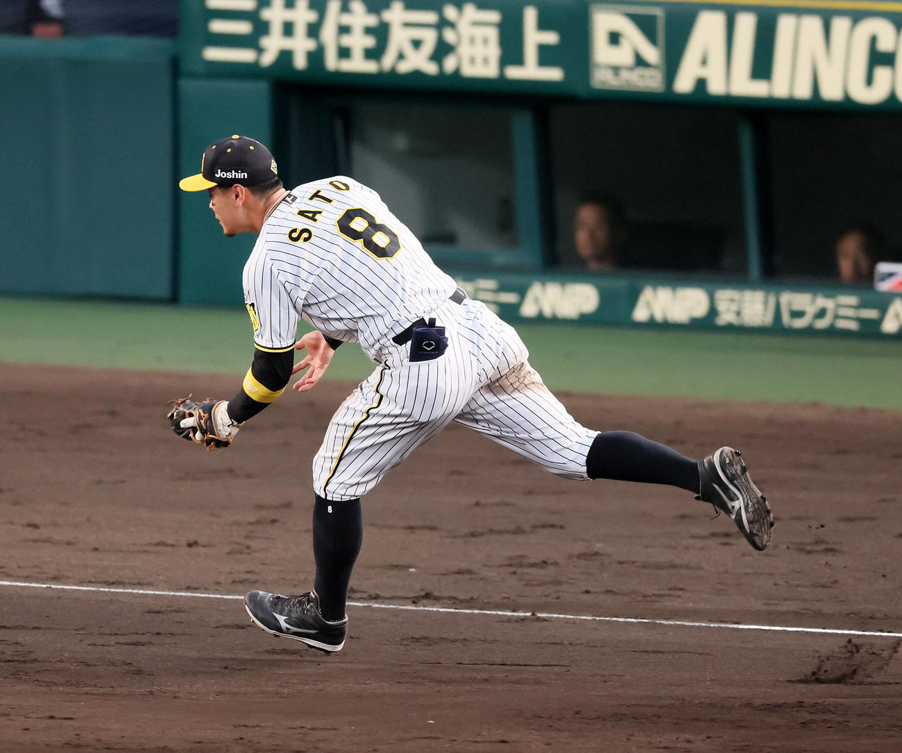 阪神対西武　4回表西武2死、佐藤輝は中村剛の打球を捕球し一塁へ送球（撮影・加藤哉）