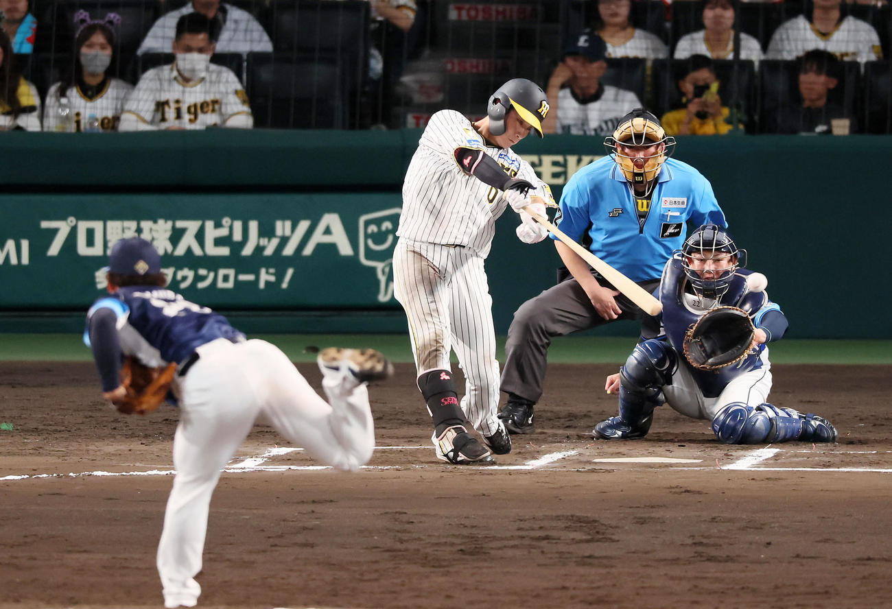 阪神対西武　6回裏阪神無死、木浪は左前打を放つ。投手は田村（撮影・加藤哉）