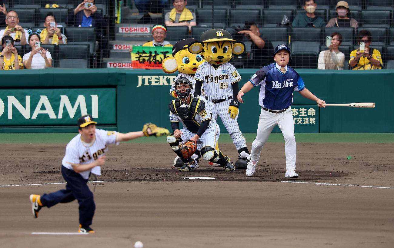 阪神対西武　ファーストピッチセレモニーでオードリーの若林正恭(左）が投げたボールを打ち返す春日俊彰（撮影・加藤哉）