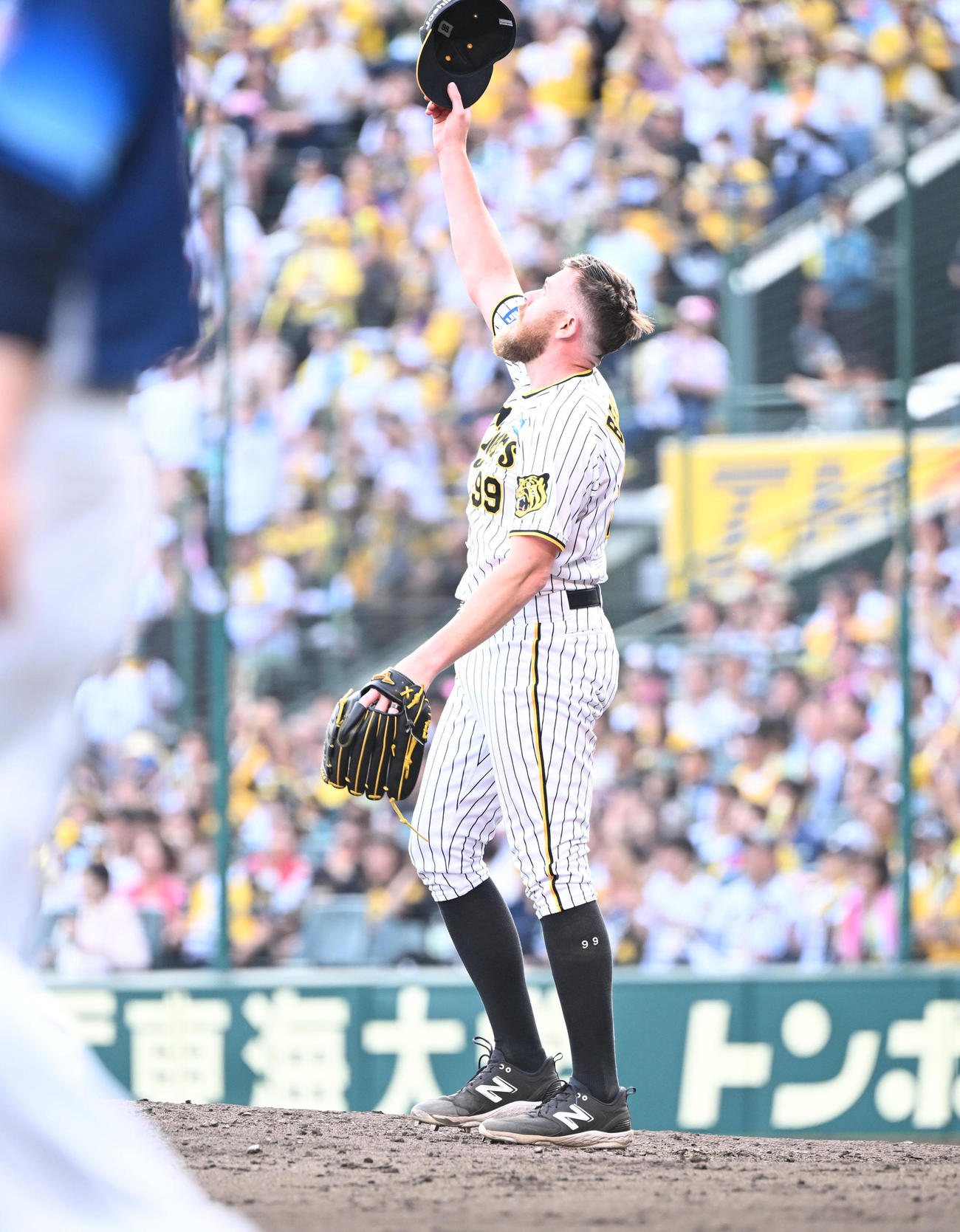 阪神対西武　1失点で完投勝利を飾り高々と帽子を掲げるビーズリー（撮影・和賀正仁）