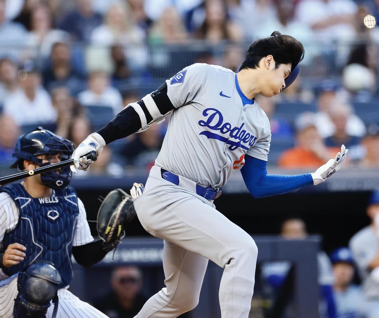 ヤンキース対ドジャース　1回表ドジャース1死、大谷翔平は空振り三振に倒れる（撮影・藤尾明華）