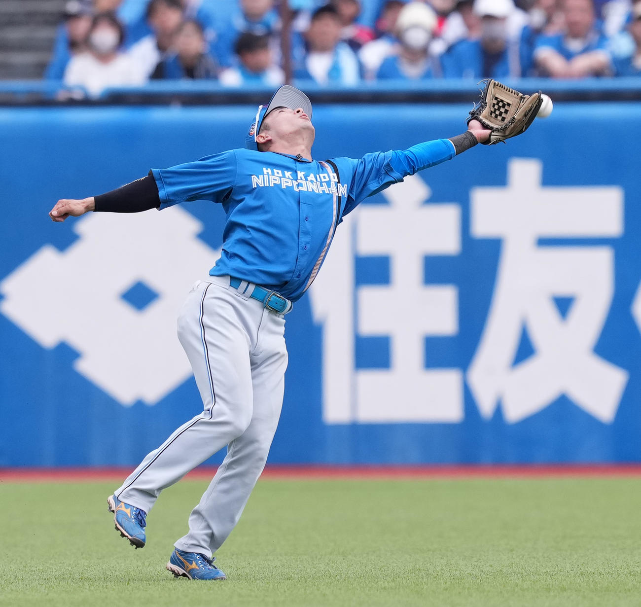 ヤクルト対日本ハム　8回裏ヤクルト無死、オスナの打球を落球する水野（撮影・菅敏）
