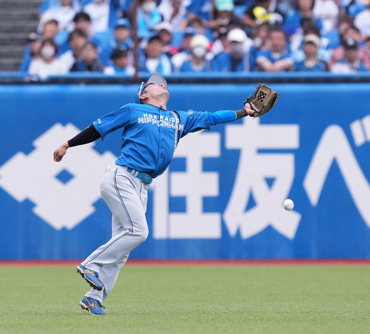 ヤクルト対日本ハム　8回裏ヤクルト無死、オスナの打球を落球する水野（撮影・菅敏）