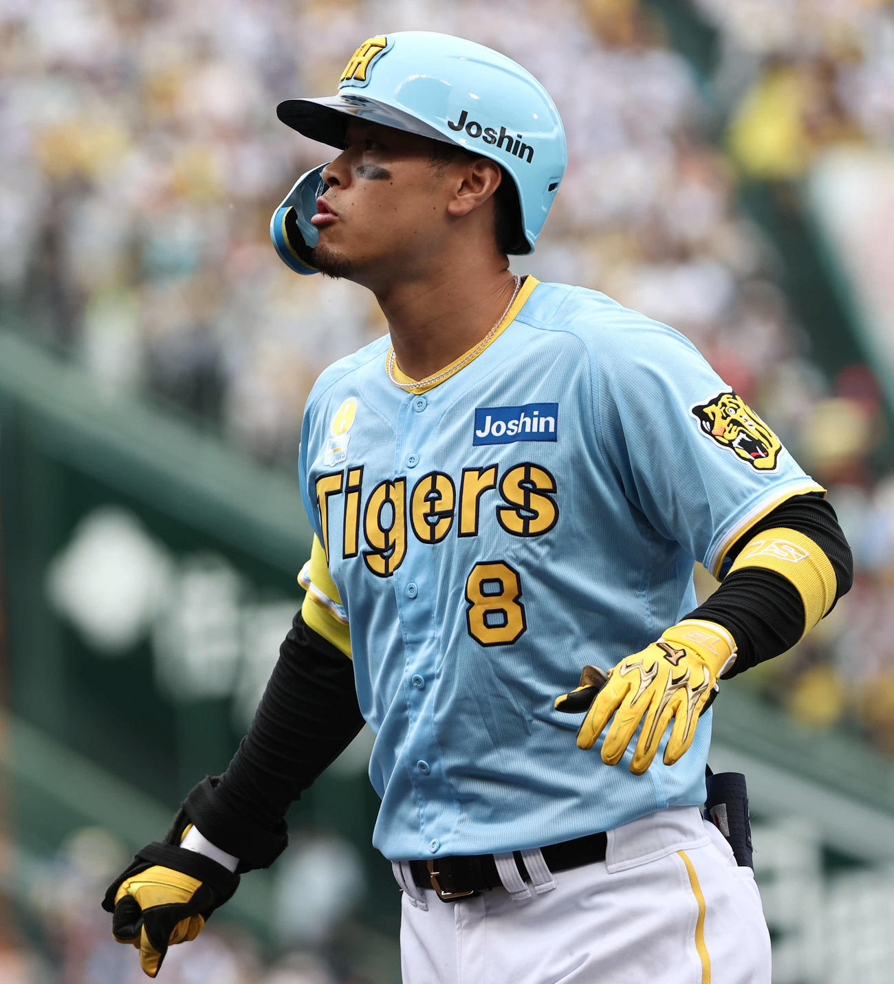 阪神対西武　6回裏阪神1死一、二塁、佐藤輝は遊ゴロ併殺打に倒れベンチに戻る（撮影・西尾就之）