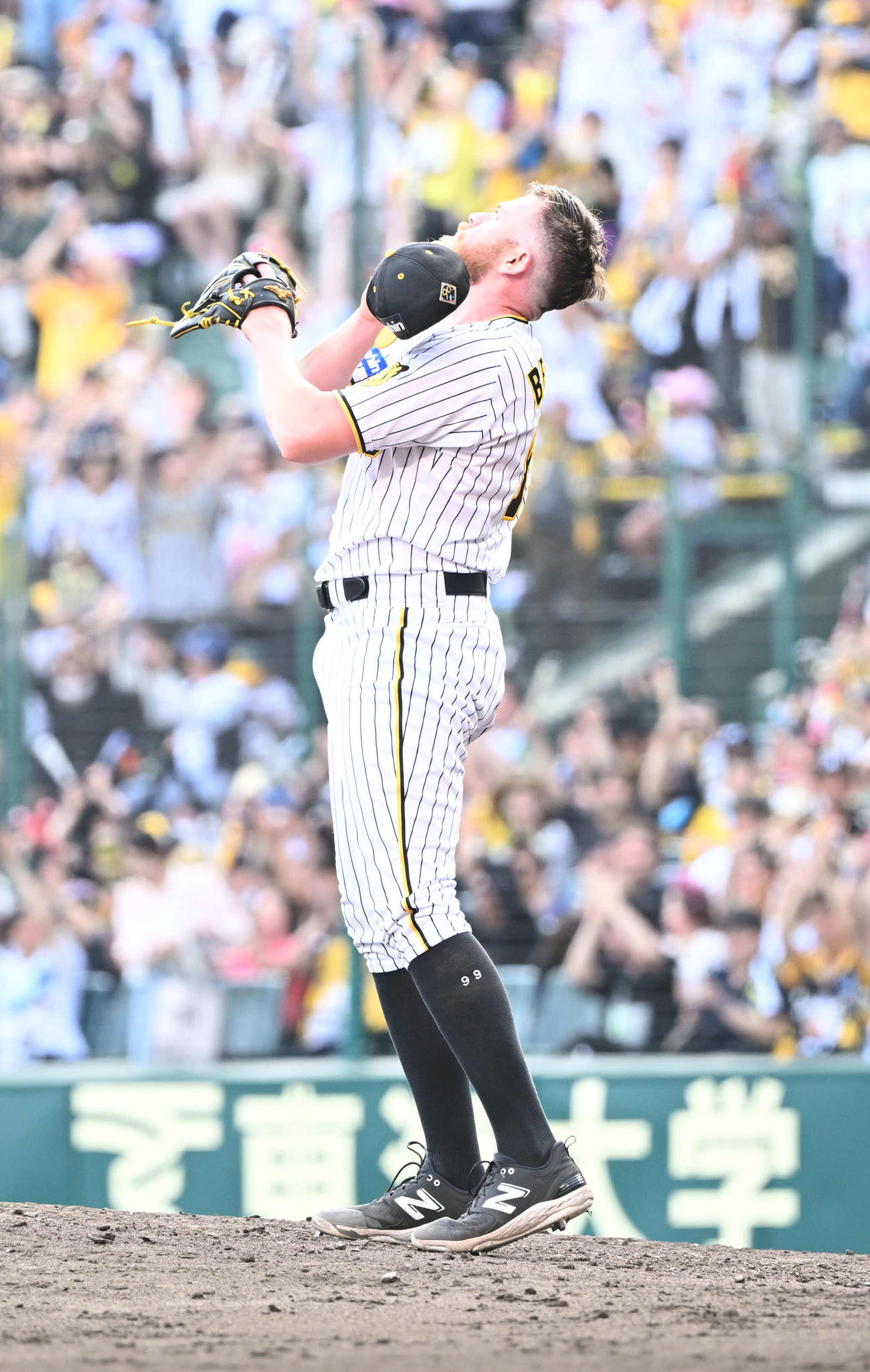 阪神対西武　1失点で完投勝利を飾り高々と帽子を掲げるビーズリー（撮影・和賀正仁）