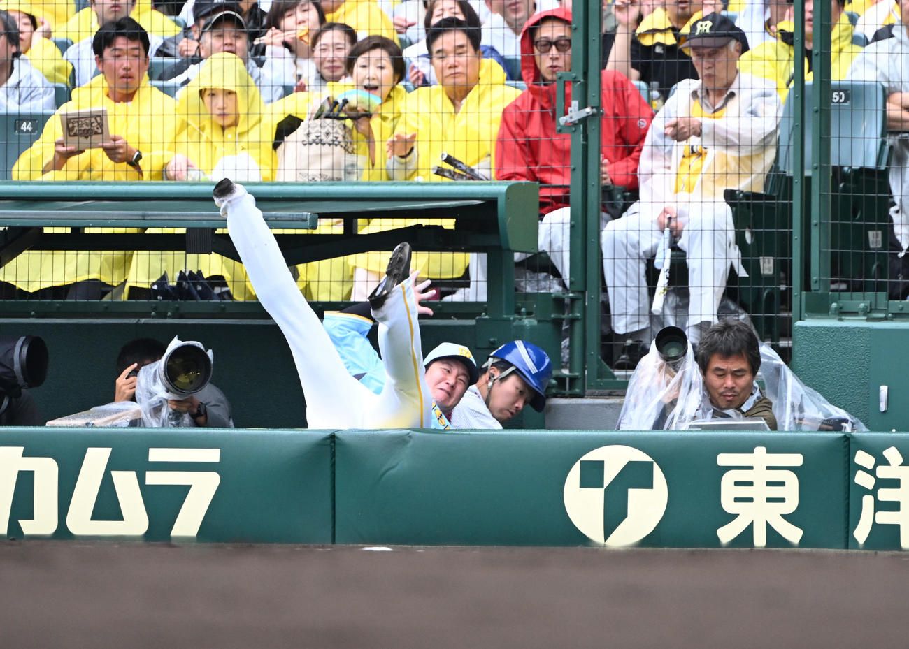 9日の阪神対西武の3回表西武2死一塁、奥村の打球を追って一塁カメラマン席に落下する一塁手渡辺（撮影・和賀正仁）