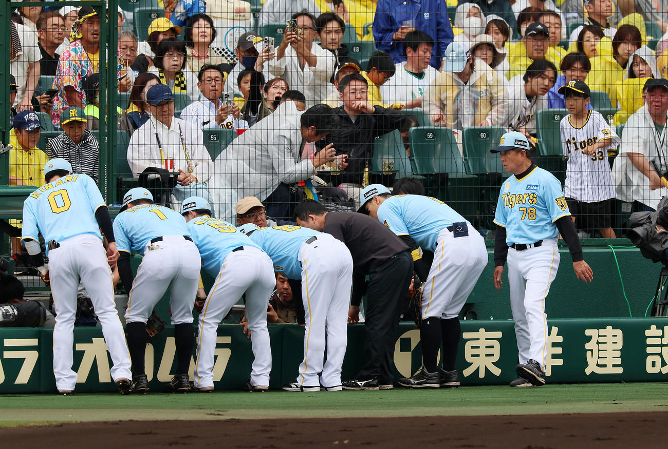 9日の阪神対西武の3回表西武2死一塁、渡辺が奥村の邪飛を追って一塁側カメラマン席へ転落し、心配そうに見守るナイン（撮影・加藤哉）
