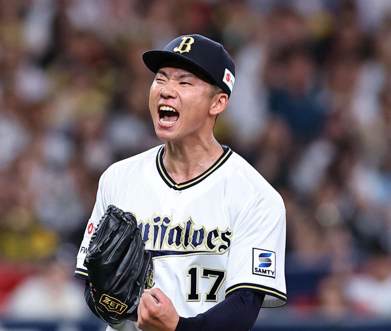 オリックス対阪神　6回表阪神2死満塁、ミエセスから三振を奪い雄たけびをあげる曽谷（撮影・上田博志）