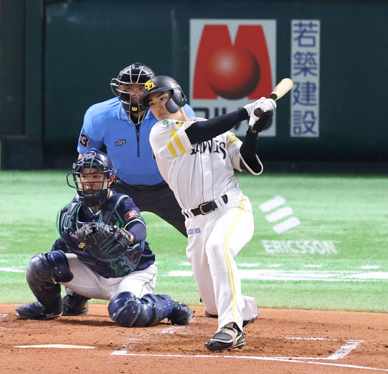 ソフトバンク対ヤクルト　3回裏ソフトバンク1死二塁、広瀬は右前安打を放つ（撮影・梅根麻紀）