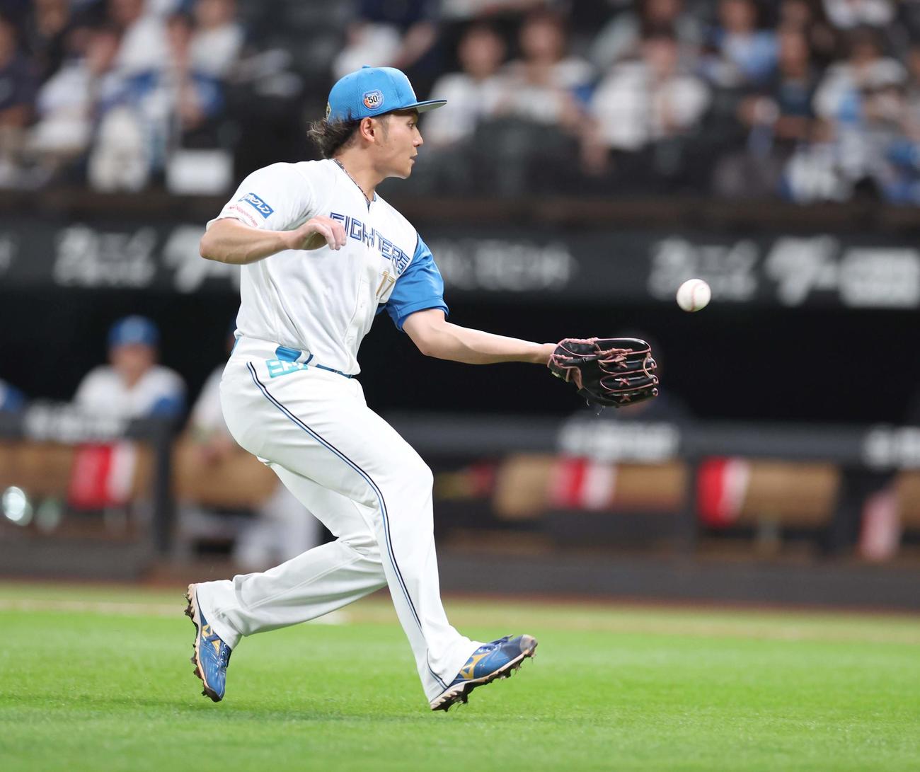 日本ハム対中日　7回表中日2死、村松の投ゴロを一塁に送球した後、バランスを崩し1回転する伊藤（撮影・黒川智章）