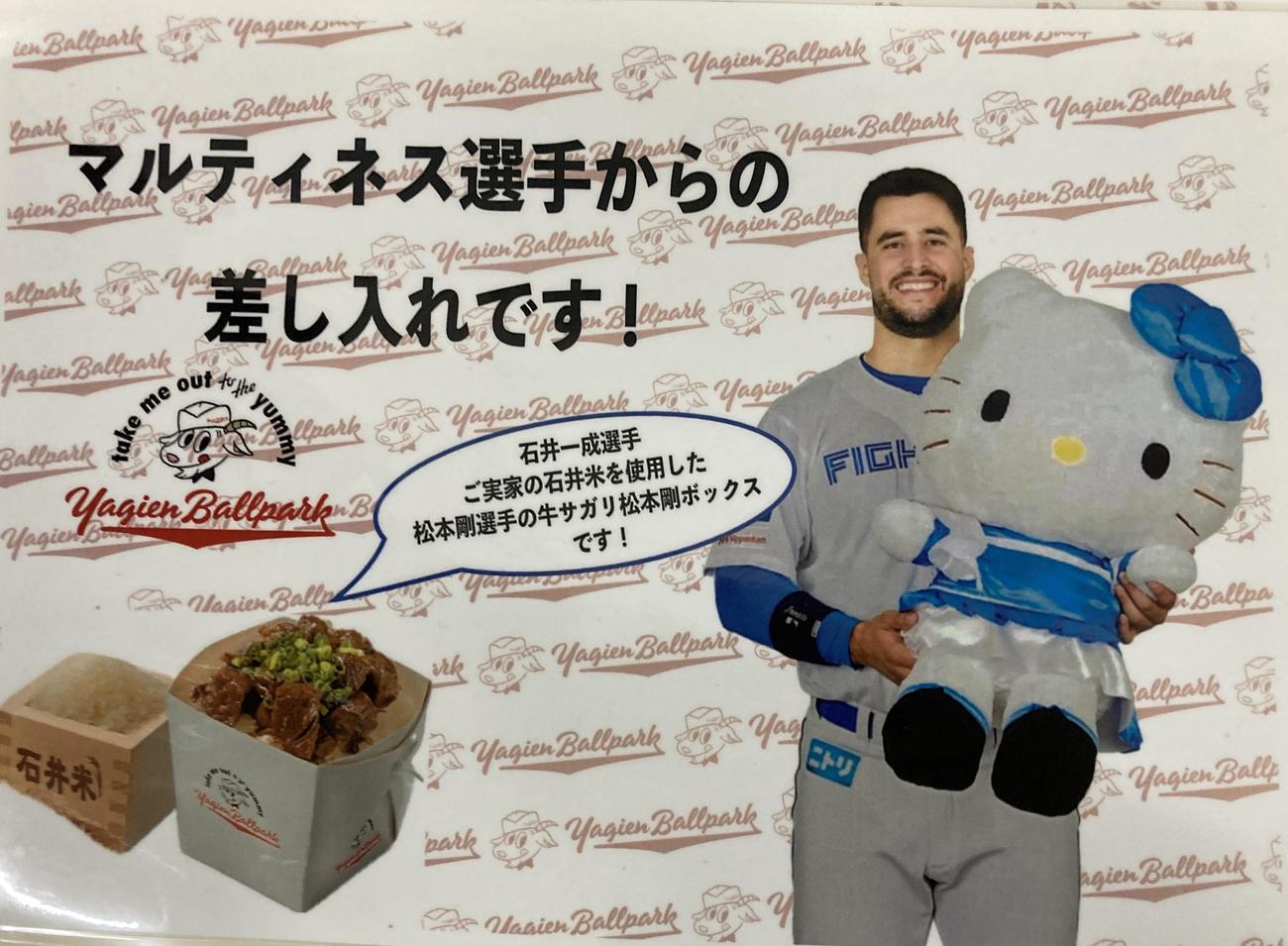 三塁側の中日ベンチ裏で張り出された日本ハムのマルティネスからの差し入れ案内