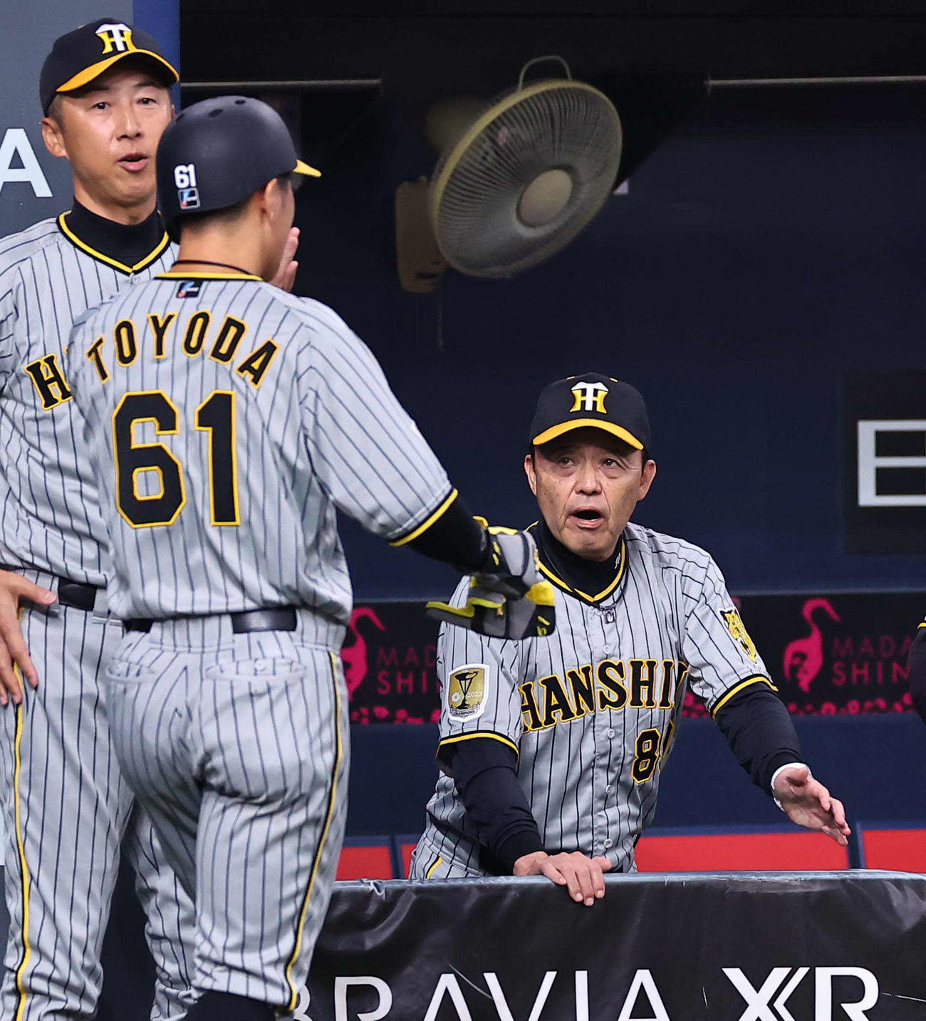 オリックス対阪神　4回表阪神1死一、三塁、岡田監督（右）は木浪の適時打で生還した豊田をベンチで出迎える（撮影・上田博志）