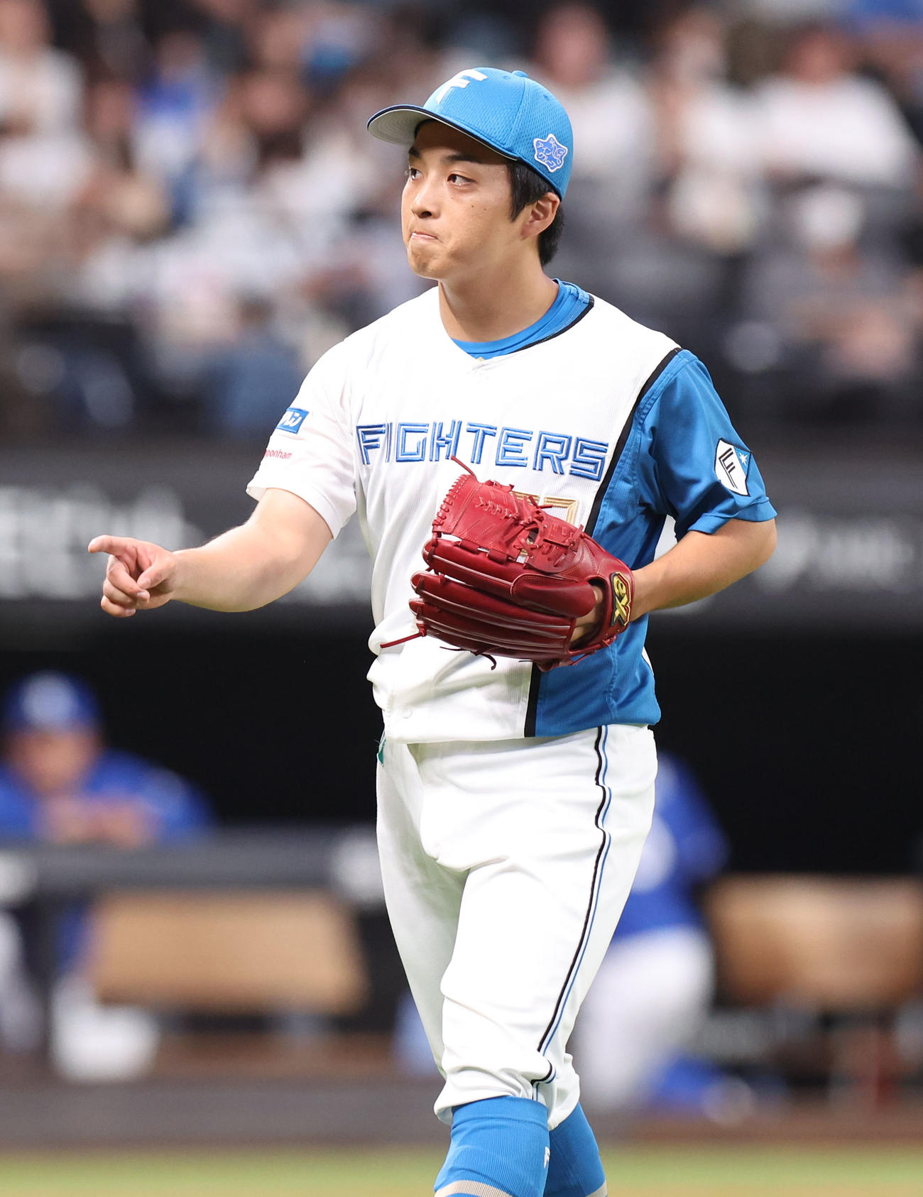 日本ハム対中日　5回表を無失点に抑えベンチに戻る山本拓（撮影・佐藤翔太）