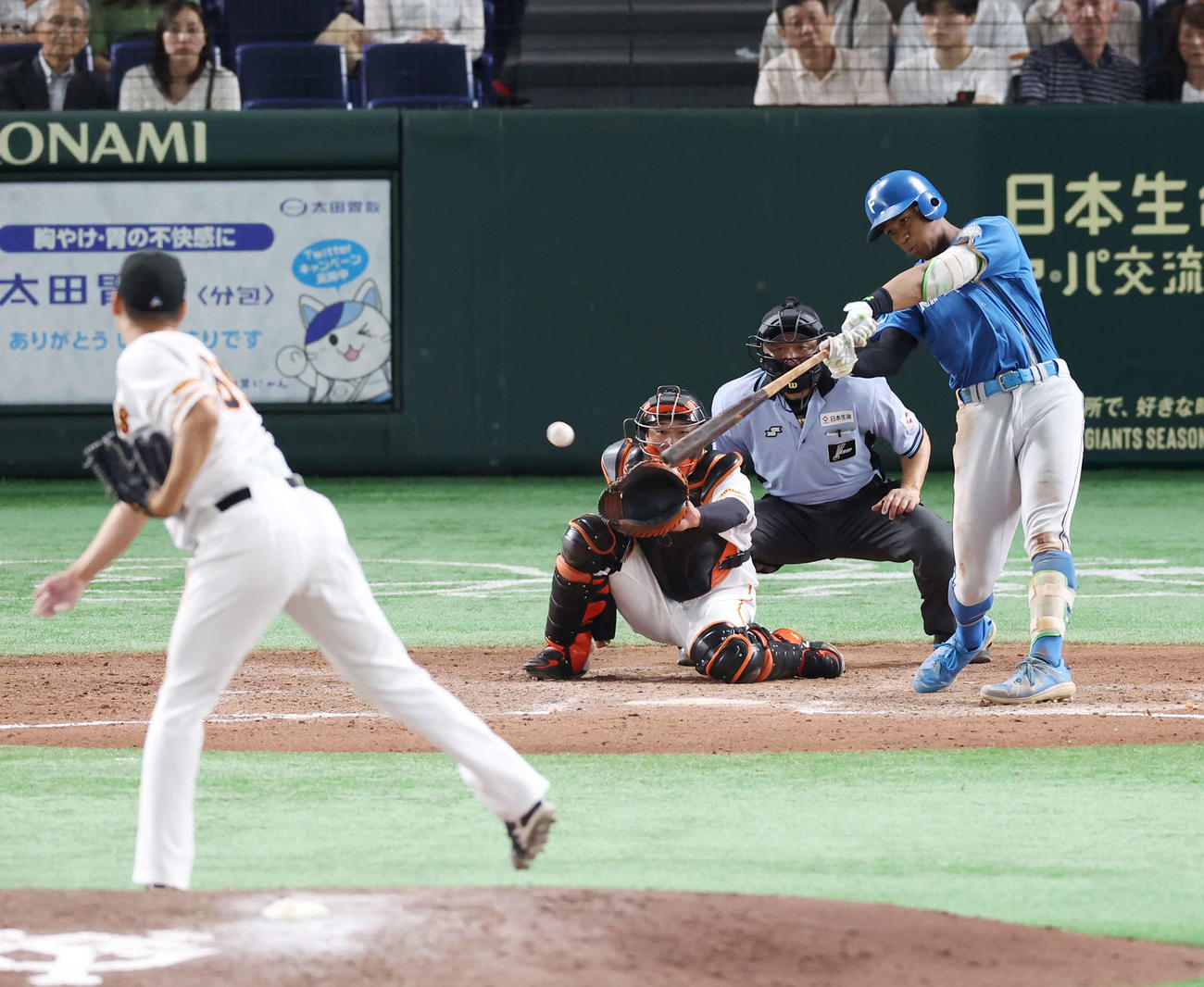 巨人との交流戦で右適時二塁打を放つ万波（23年6月4日撮影）