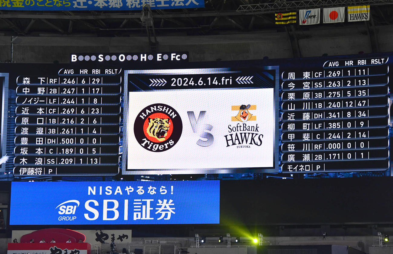 ソフトバンク対阪神戦の先発メンバー（撮影・岩下翔太）