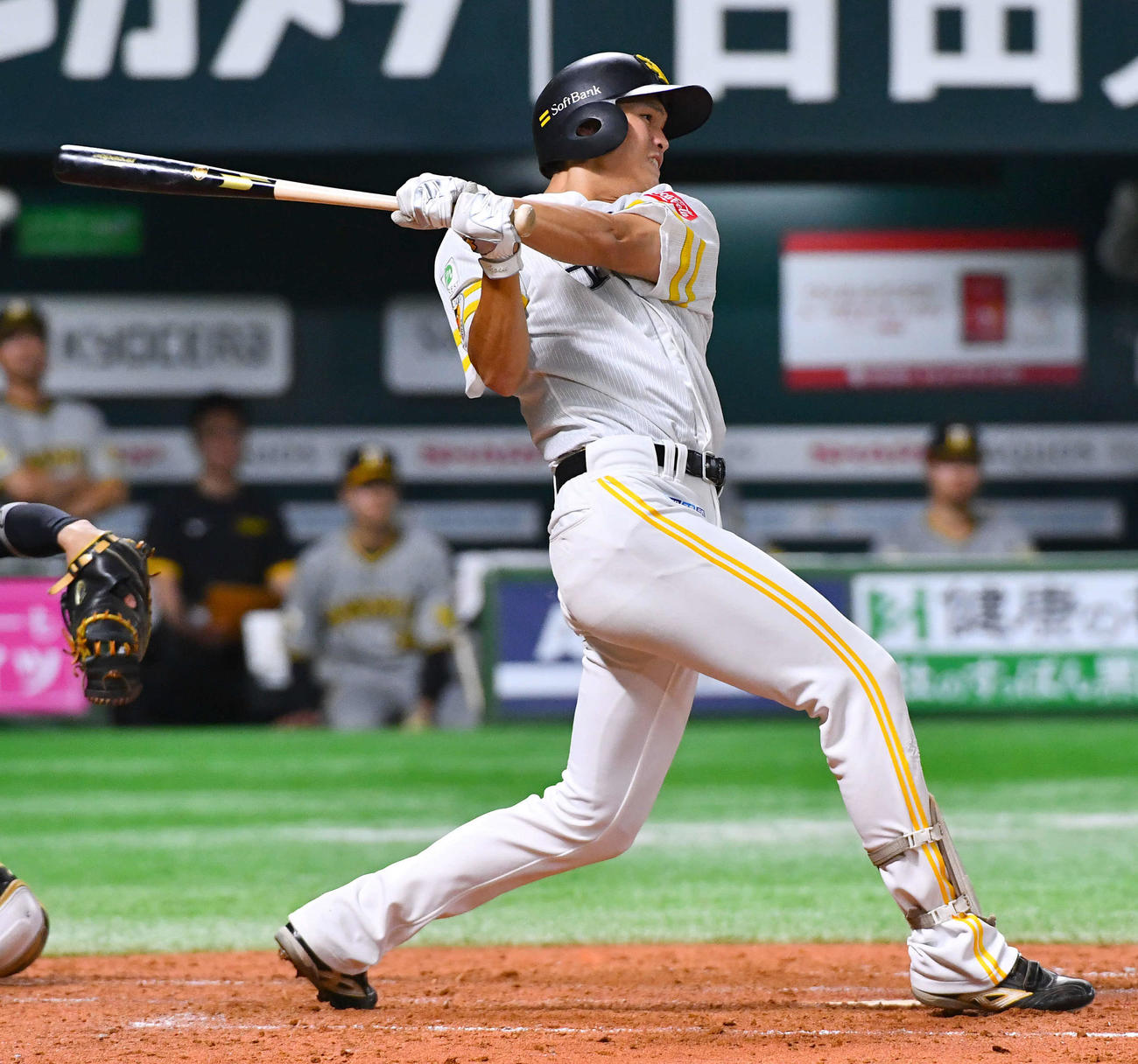 ソフトバンク対阪神　5回裏ソフトバンク2死、プロ初安打を放つ笹川（撮影・岩下翔太）