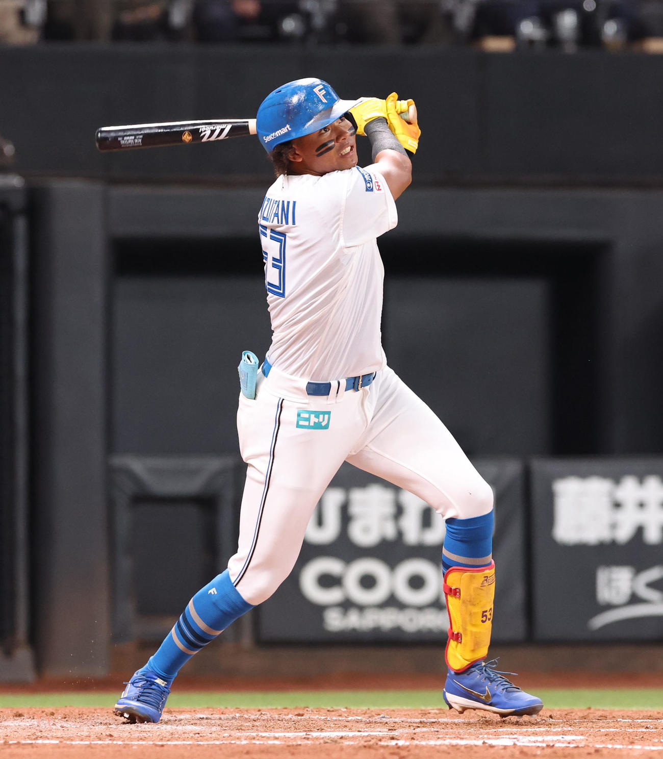 日本ハム対巨人　4回裏日本ハム1死、水谷は右越え本塁打を放つ（撮影・佐藤翔太）