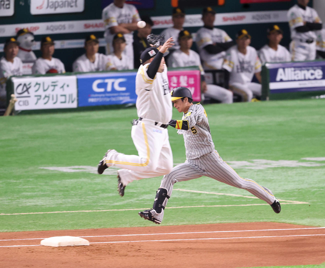 ソフトバンク対阪神　1回表阪神無死、近本は二内野安打を放つ（撮影・梅根麻紀）