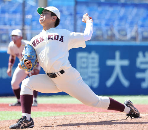 青学大対早大 力投する早大・宮城(撮影・野上伸悟)