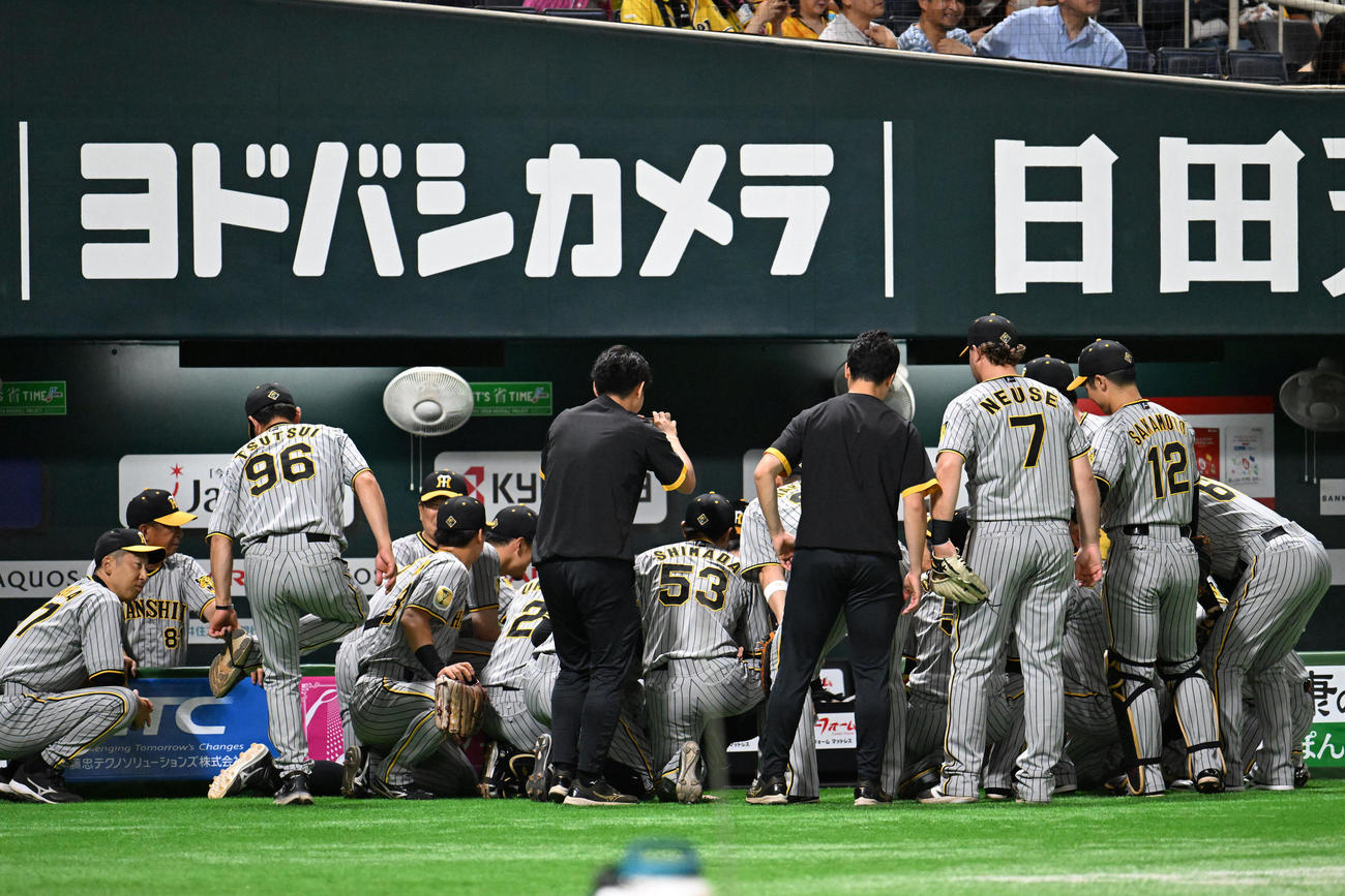 ソフトバンク対阪神　試合前ベンチ前で円陣を組む阪神ナイン（撮影・林敢治）