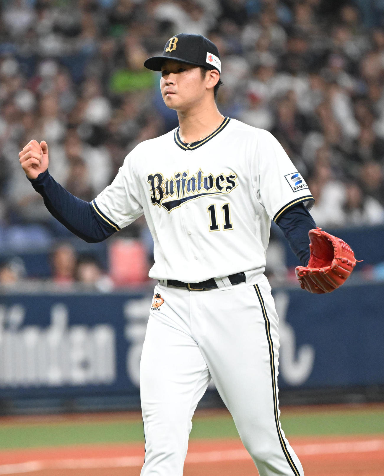 オリックス対ヤクルト　2回表ヤクルト2死、山田を見逃し三振にとりグラブをたたく山下（撮影・和賀正仁）