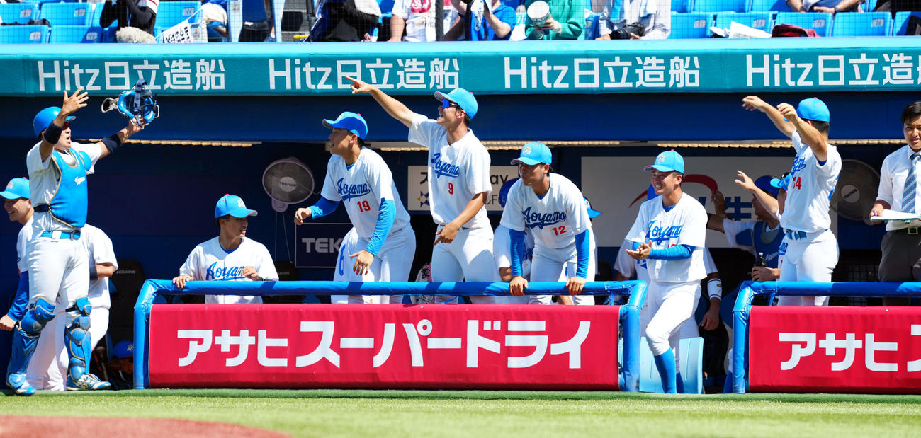 青学大対早大　5回表青学大2死三塁、藤原の勝ち越しの適時打に盛り上がるベンチ（撮影・たえ見朱実）