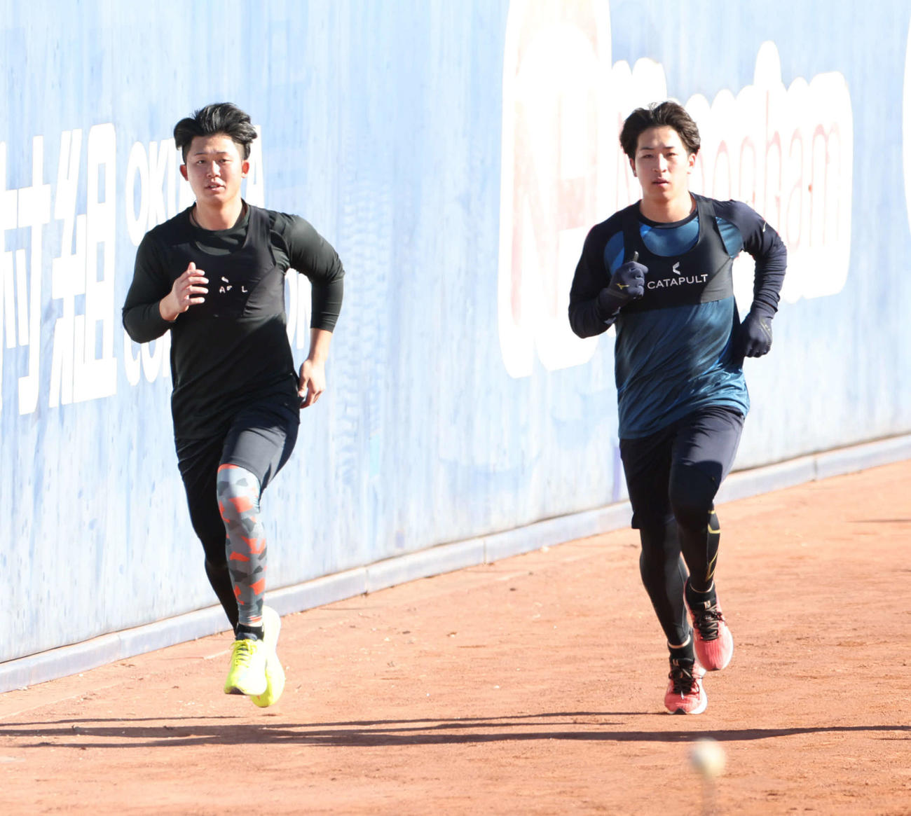 1月、新人合同自主トレでダッシュをするドラフト2位の進藤（左）と1位の細野