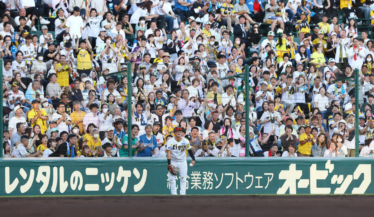 阪神対日本ハム　2回表日本ハム1死、左翼手前川は水野の邪飛を好捕する（撮影・上山淳一）